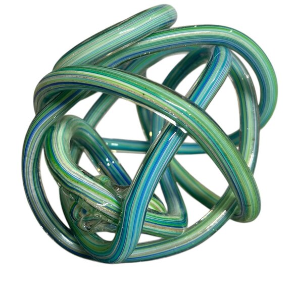 Beautiful Hand Blown Blue Green Turquoise Metallic Glass Endless Knot Sculpture - Picture 9 of 10